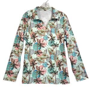 UPF 50+ Golf Shirt Womens Large Tropical Palm Print Long Sleeve NWT GGOV